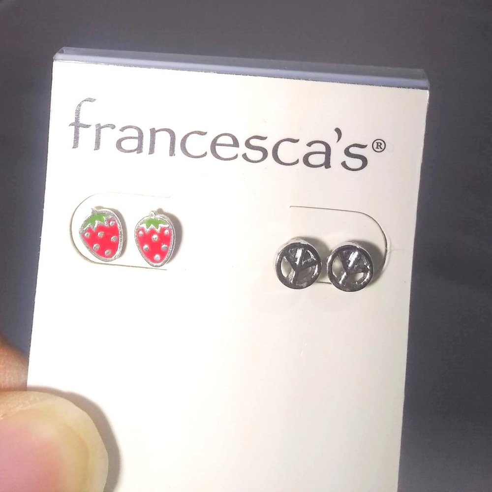Francesca's Set of Two (2) Pairs of Earrings Strawberries Peace Signs New